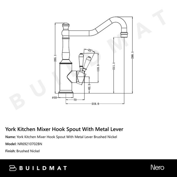 Nero York Kitchen Mixer Hook Spout With Metal Lever Brushed Nickel