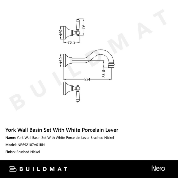 Nero York Wall Basin Set With White Porcelain Lever Brushed Nickel