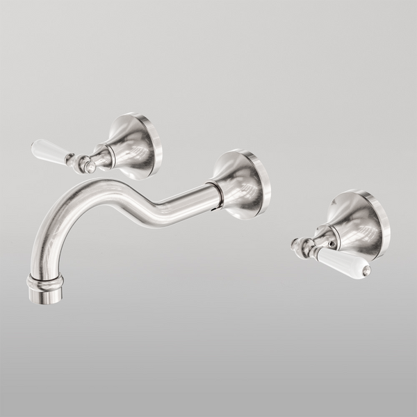 Nero York Wall Basin Set With White Porcelain Lever Brushed Nickel
