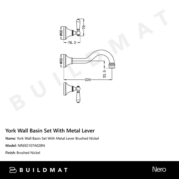 Nero York Wall Basin Set With Metal Lever Brushed Nickel