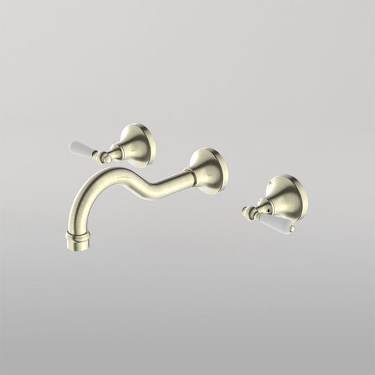 Nero York Wall Basin Set With White Porcelain Lever Aged Brass