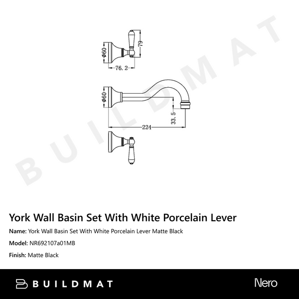 Nero York Wall Basin Set With White Porcelain Lever Matte Black