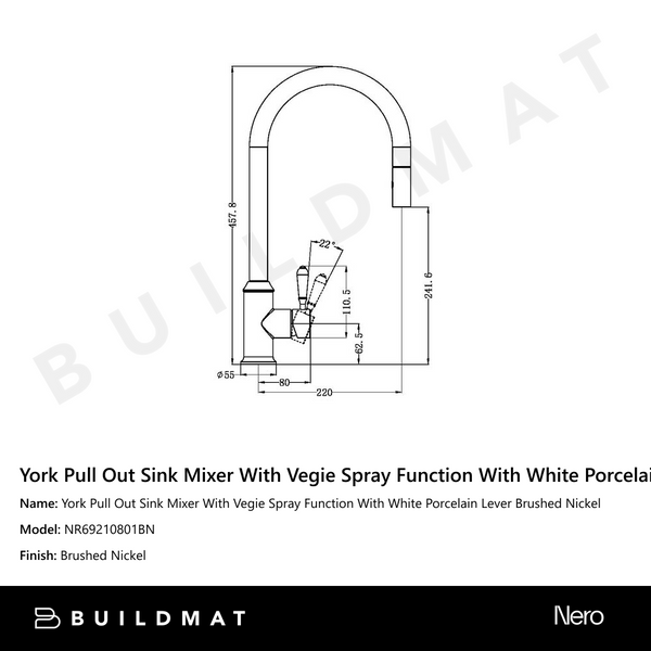 Nero York Pull Out Sink Mixer With Vegie Spray Function With White Porcelain Lever Brushed Nickel
