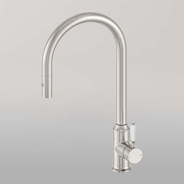 Nero York Pull Out Sink Mixer With Vegie Spray Function With White Porcelain Lever Brushed Nickel