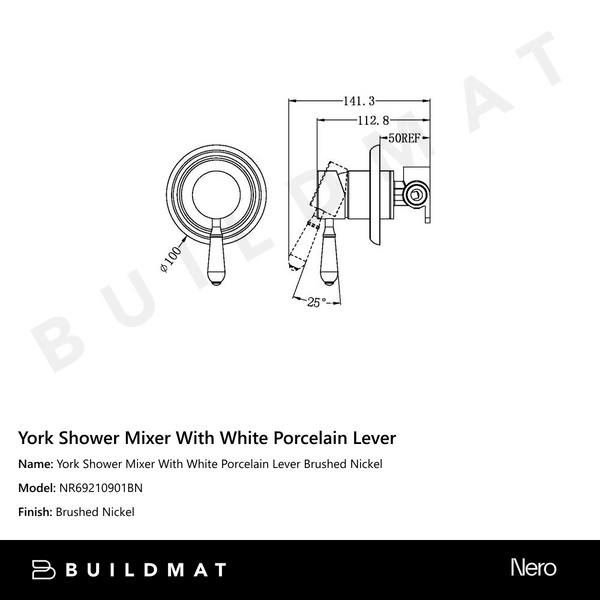 Nero York Shower Mixer With White Porcelain Lever Brushed Nickel