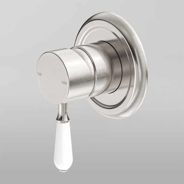 Nero York Shower Mixer With White Porcelain Lever Brushed Nickel