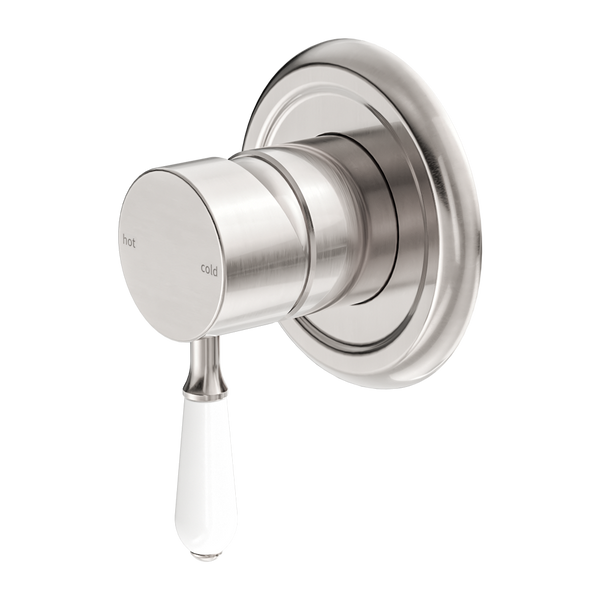 Nero York Shower Mixer With White Porcelain Lever Brushed Nickel