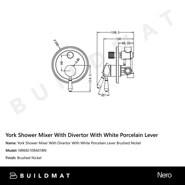 Nero York Shower Mixer With Divertor With White Porcelain Lever Brushed Nickel