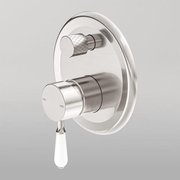 Nero York Shower Mixer With Divertor With White Porcelain Lever Brushed Nickel