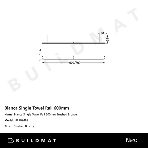 Nero Bianca Single Towel Rail 600mm Brushed Bronze