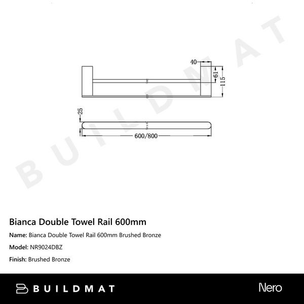 Nero Bianca Double Towel Rail 600mm Brushed Bronze