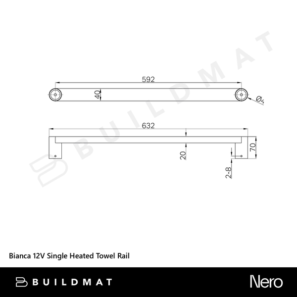 Nero Bianca 12V Single Heated Towel Rail Brushed Nickel