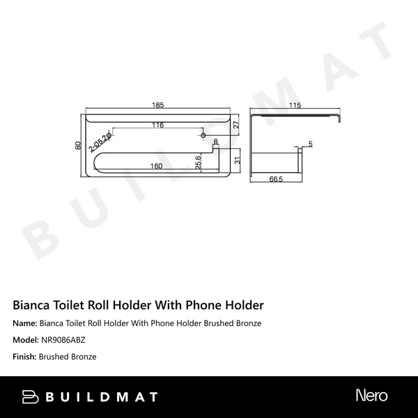 Nero Bianca Toilet Roll Holder With Phone Holder Brushed Bronze