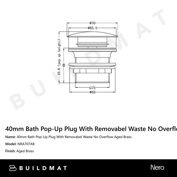 Nero 40mm Bath Pop-Up Plug With Removabel Waste No Overflow Aged Brass