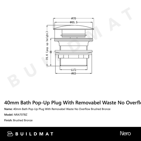 Nero 40mm Bath Pop-Up Plug With Removabel Waste No Overflow Brushed Bronze