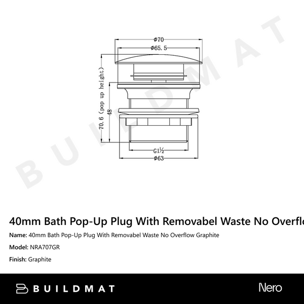 Nero 40mm Bath Pop-Up Plug With Removabel Waste No Overflow Graphite