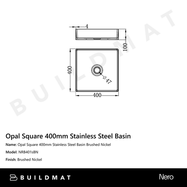 Nero Opal Square 400mm Stainless Steel Basin Brushed Nickel