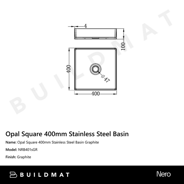 Nero Opal Square 400mm Stainless Steel Basin Graphite