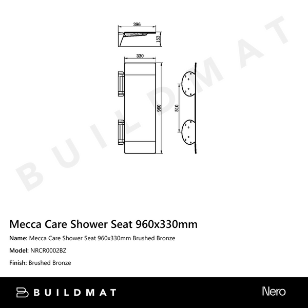 Nero Mecca Care Shower Seat 960x330mm Brushed Bronze