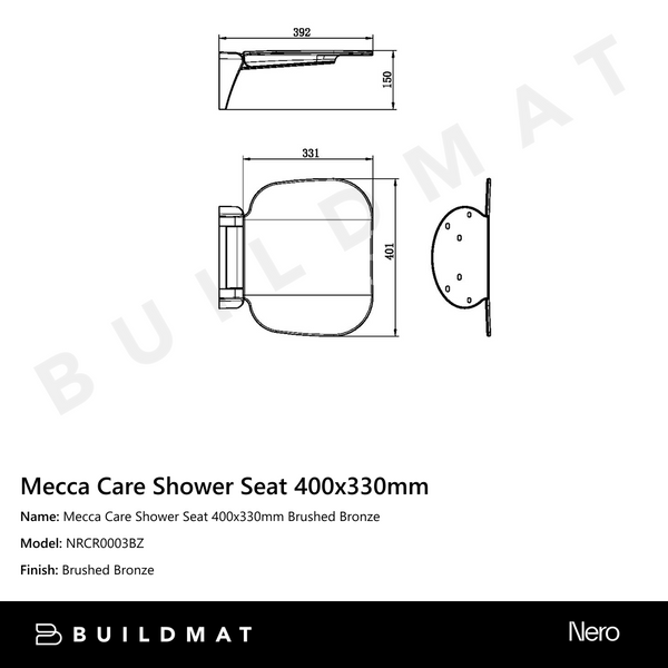 Nero Mecca Care Shower Seat 400x330mm Brushed Bronze