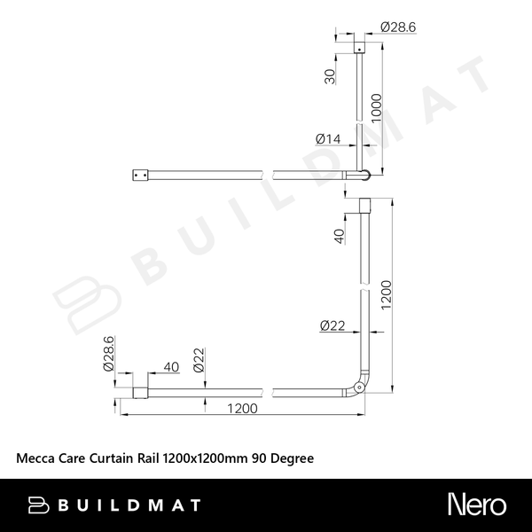Nero Mecca Care Curtain Rail 1200x1200mm 90 Degree Chrome