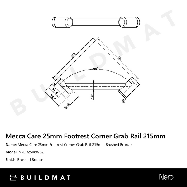 Nero Mecca Care 25mm Footrest Corner Grab Rail 215mm Brushed Bronze