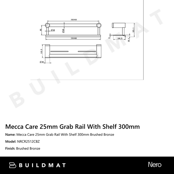Nero Mecca Care 25mm Grab Rail With Shelf 300mm Brushed Bronze