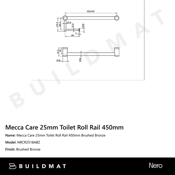 Nero Mecca Care 25mm Toilet Roll Rail 450mm Brushed Bronze