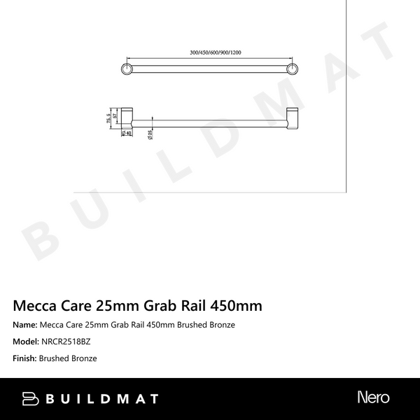 Nero Mecca Care 25mm Grab Rail 450mm Brushed Bronze