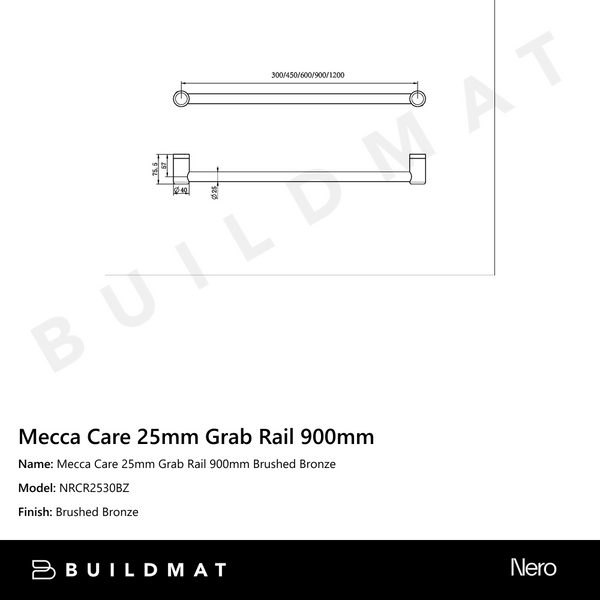 Nero Mecca Care 25mm Grab Rail 900mm Brushed Bronze