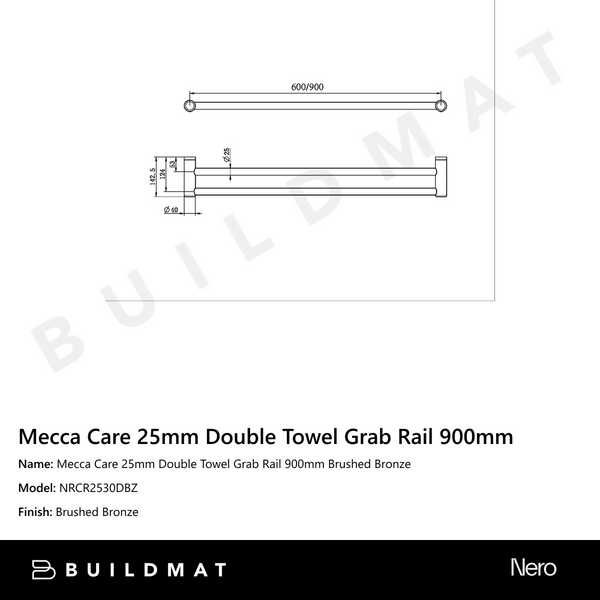 Nero Mecca Care 25mm Double Towel Grab Rail 900mm Brushed Bronze