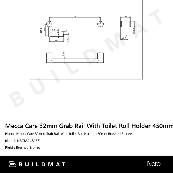 Nero Mecca Care 32mm Grab Rail With Toilet Roll Holder 450mm Brushed Bronze