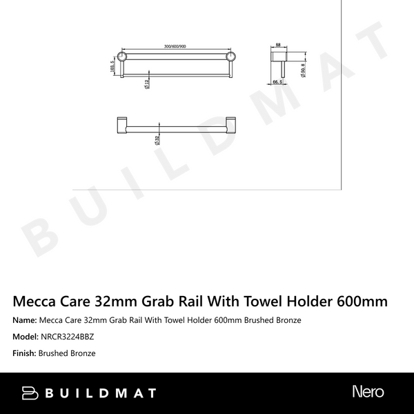 Nero Mecca Care 32mm Grab Rail With Towel Holder 600mm Brushed Bronze