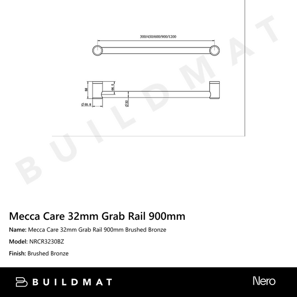 Nero Mecca Care 32mm Grab Rail 900mm Brushed Bronze