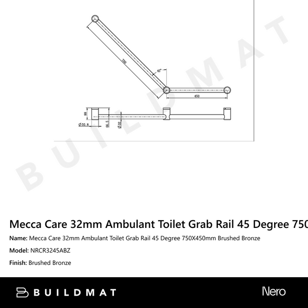 Nero Mecca Care 32mm Ambulant Toilet Grab Rail 45 Degree 750X450mm Brushed Bronze