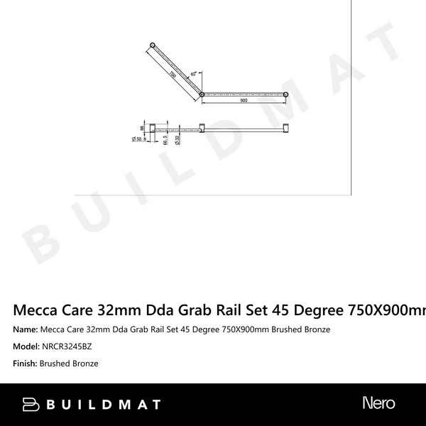 Nero Mecca Care 32mm Dda Grab Rail Set 45 Degree 750X900mm Brushed Bronze