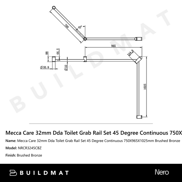 Nero Mecca Care 32mm DDA Toilet Grab Rail Set 45 Degree Continuous 750 x 965 x 1025mm Brushed Bronze