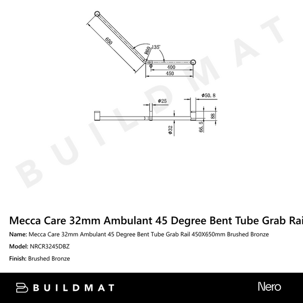 Nero Mecca Care 32mm Ambulant 45 Degree Bent Tube Grab Rail 450X650mm Brushed Bronze