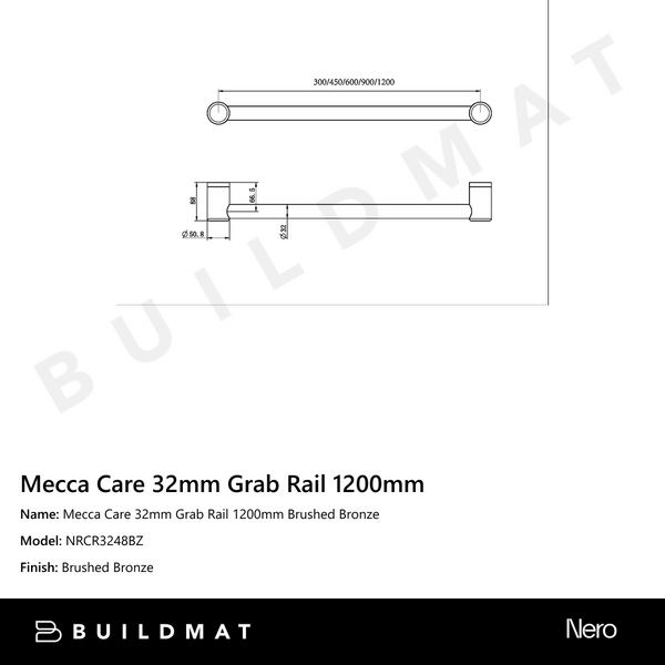 Nero Mecca Care 32mm Grab Rail 1200mm Brushed Bronze