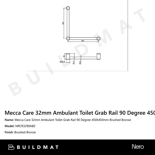 Nero Mecca Care 32mm Ambulant Toilet Grab Rail 90 Degree 450X450mm Brushed Bronze