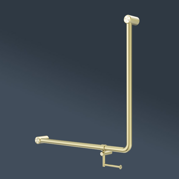 Nero Mecca Care 750x750mm 90 degree Bent Tube Grab Rail With Toilet Roll Holder Brushed Gold