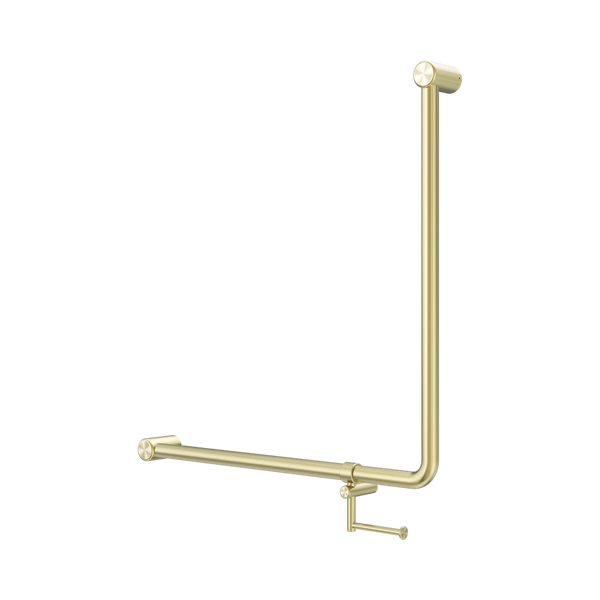 Nero Mecca Care 750x750mm 90 degree Bent Tube Grab Rail With Toilet Roll Holder Brushed Gold