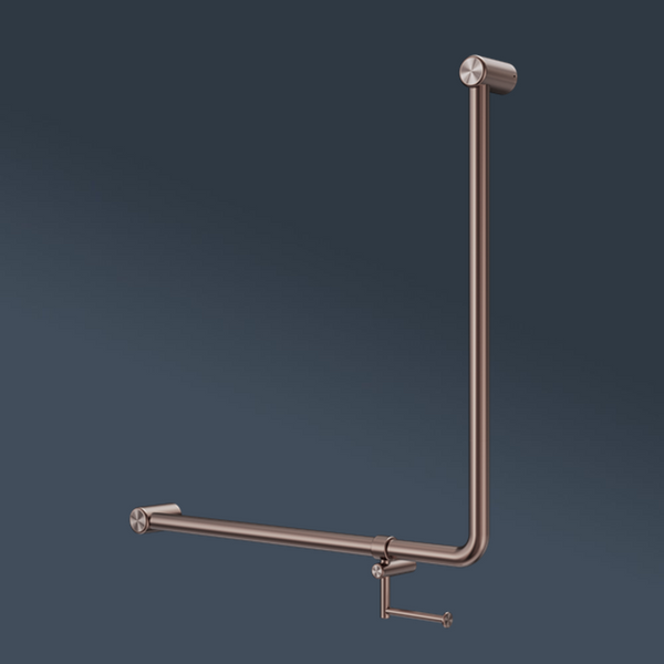 Nero Mecca Care 750x750mm 90 degree Bent Tube Grab Rail With Toilet Roll Holder Brushed Bronze