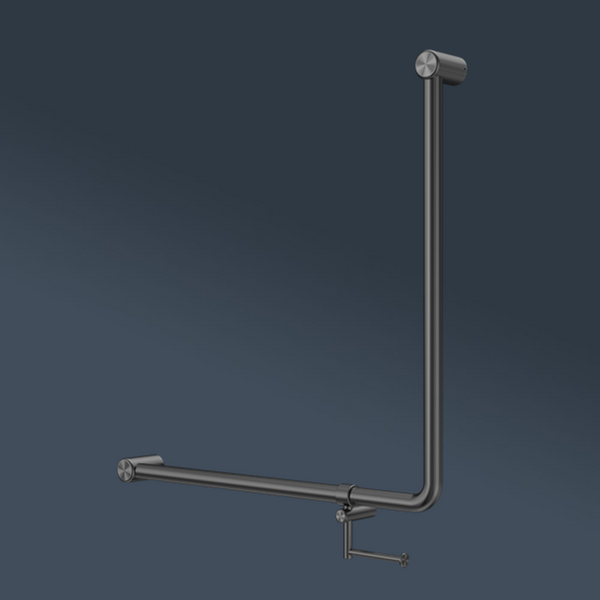 Nero Mecca Care 750x750mm 90 degree Bent Tube Grab Rail With Toilet Roll Holder Gunmetal