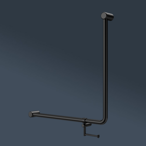 Nero Mecca Care 750x750mm 90 degree Bent Tube Grab Rail With Toilet Roll Holder Matte Black