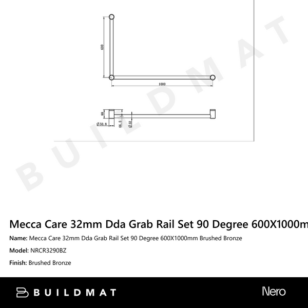 Nero Mecca Care 32mm Dda Grab Rail Set 90 Degree 600X1000mm Brushed Bronze