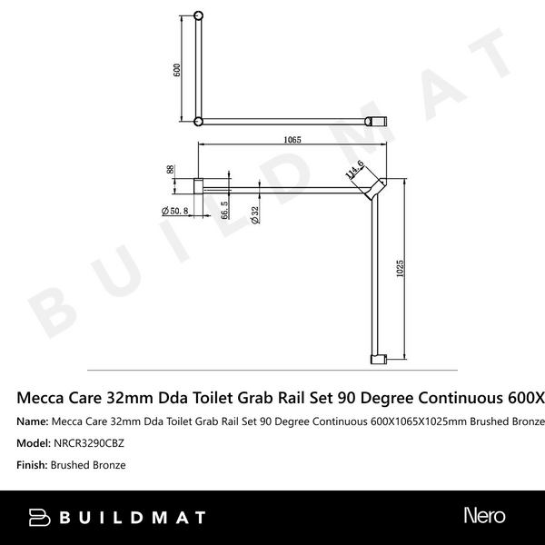 Nero Mecca Care 32mm DDA Toilet Grab Rail Set 90 Degree Continuous 600 x 1065 x 1025mm Brushed Bronze
