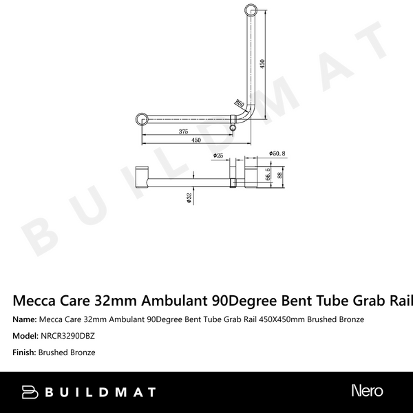 Nero Mecca Care 32mm Ambulant 90Degree Bent Tube Grab Rail 450X450mm Brushed Bronze