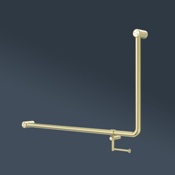 Nero Mecca Care DDA 600x1000mm 90 degree Bent Tube Grab Rail With Toilet Roll Holder Brushed Gold