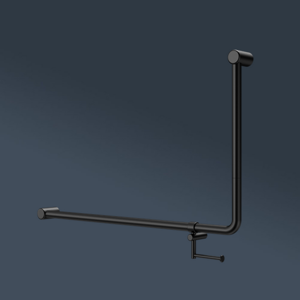 Nero Mecca Care DDA 600x1000mm 90 degree Bent Tube Grab Rail With Toilet Roll Holder Matte Black